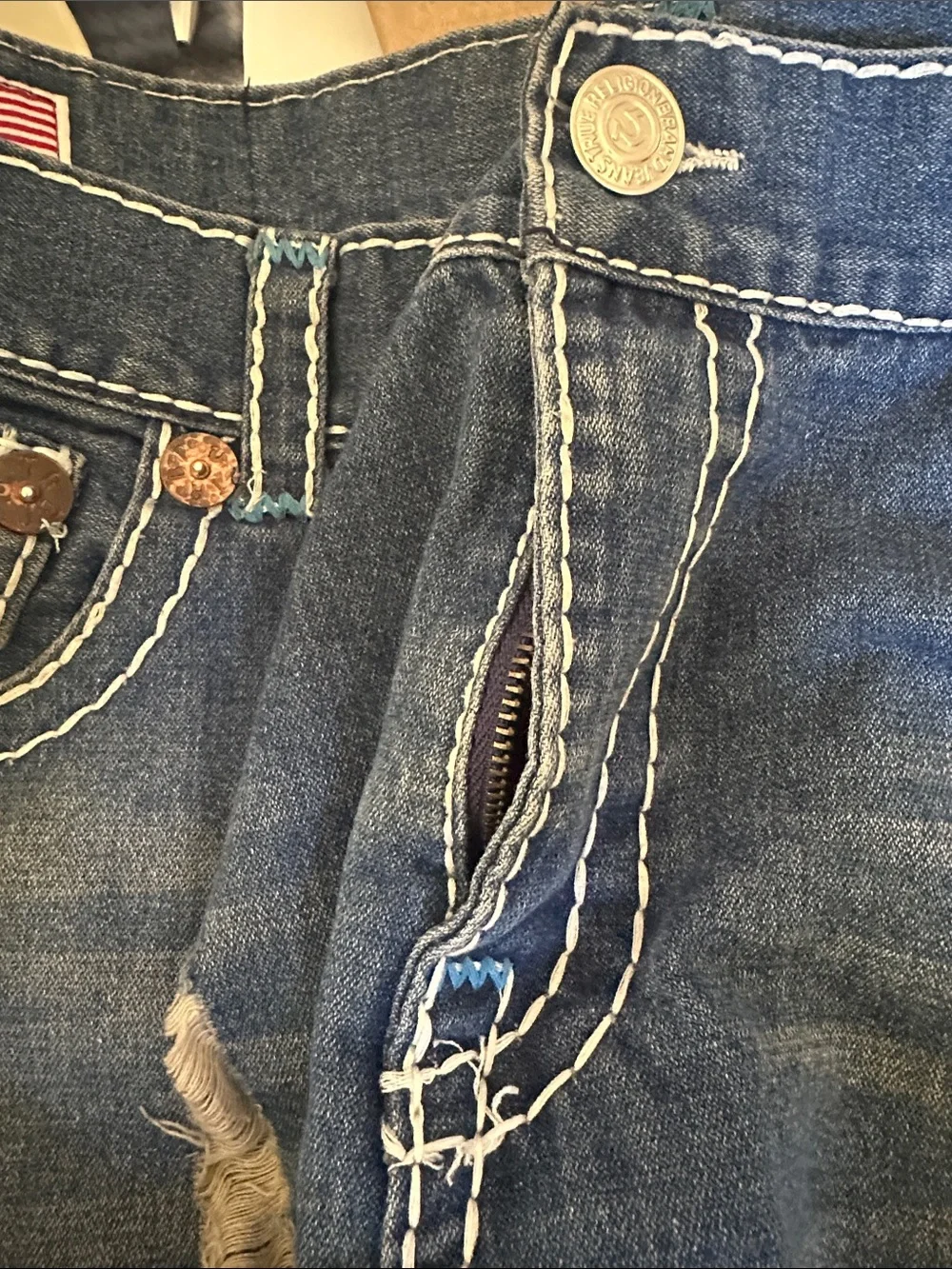 True Religion Ricky Super T Men’s Jeans Blue Patch Thick Stitch Size 40x34